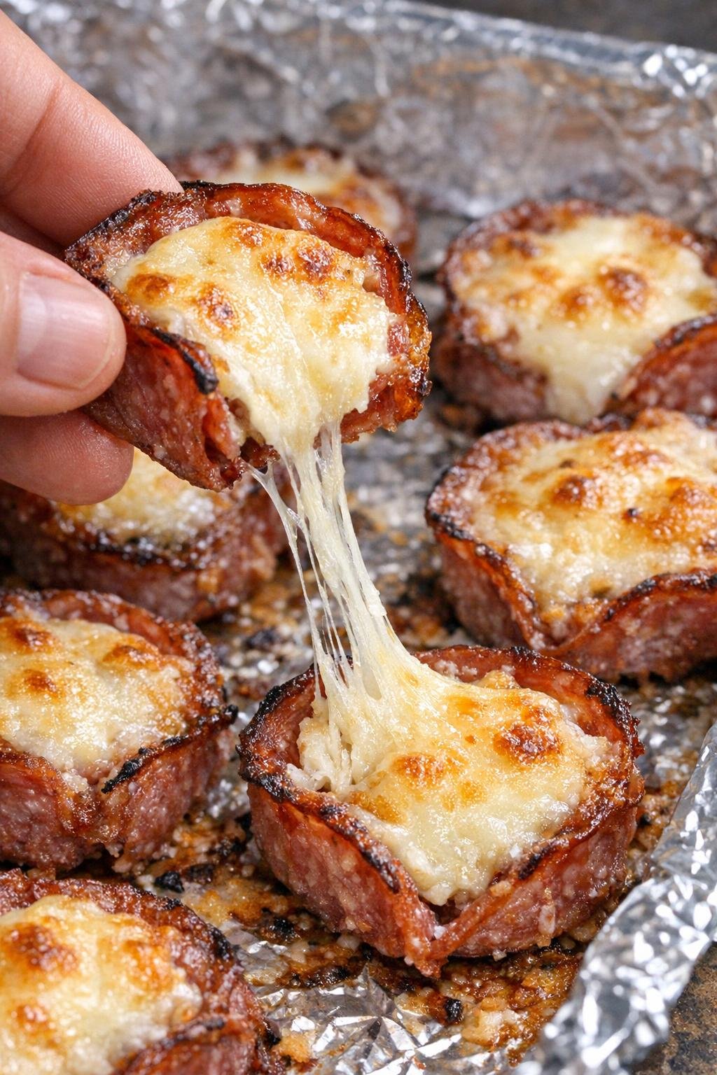Low carb salami ellington bites on a foil tray