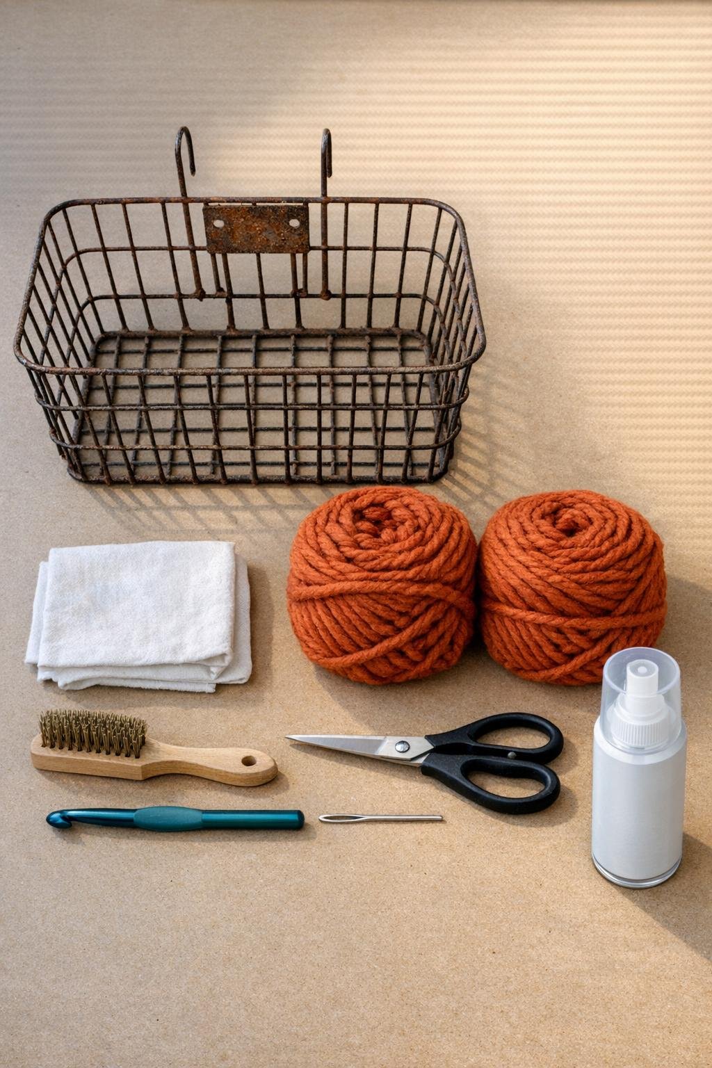 Materials laid out for a crocheted wire bicycle basket project