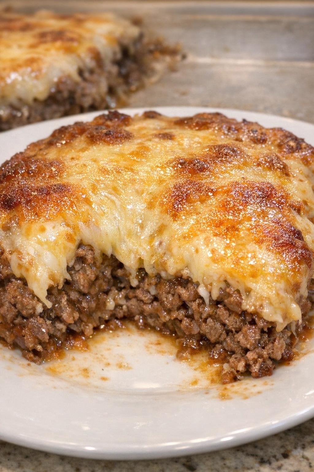 Close-up of cheesy ground beef bake on a white plate