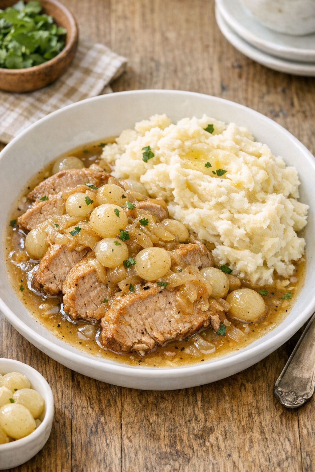 Finished slow cooker onion pork plated with pearl onions and sauce
