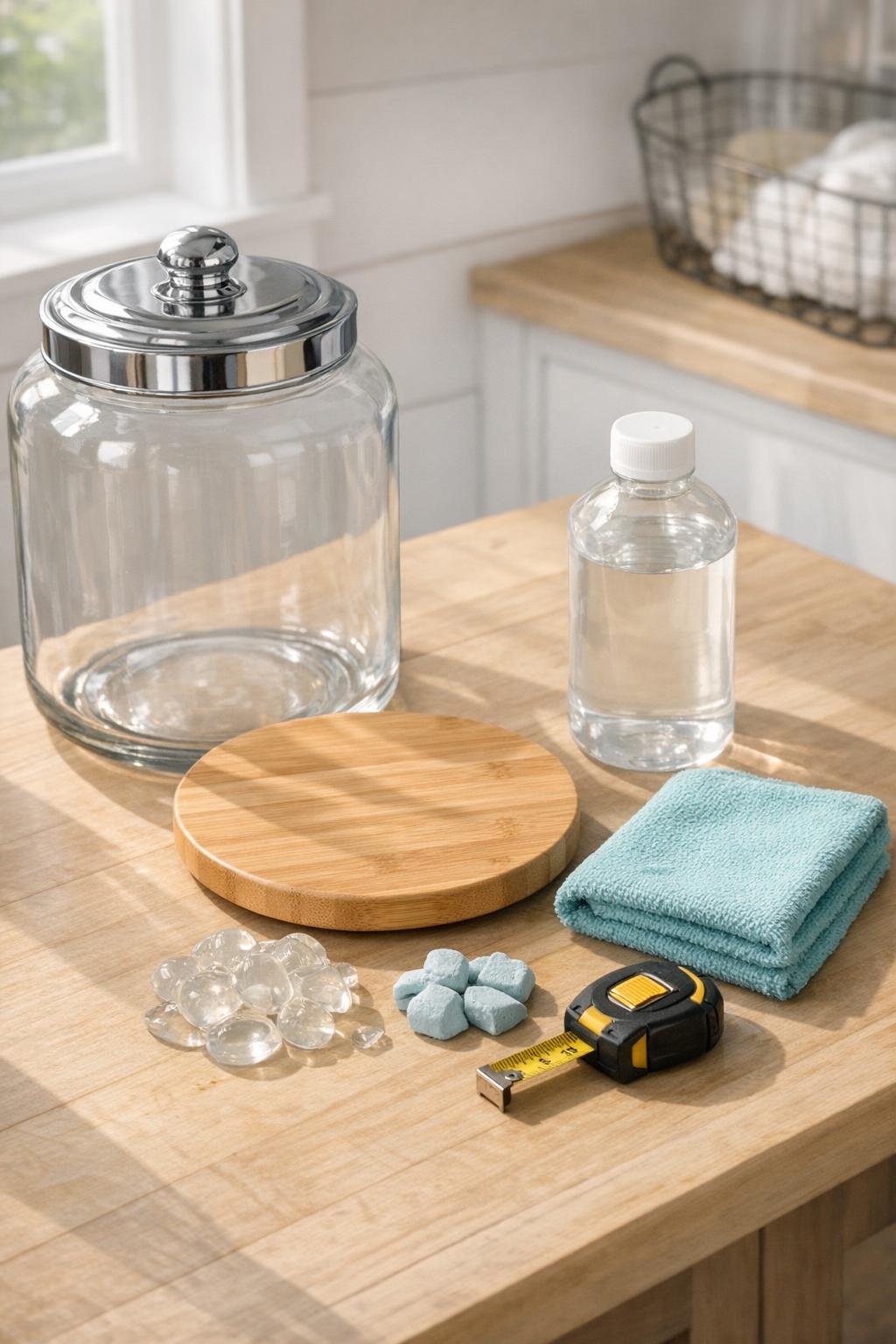 Materials for a laundry pod dispenser laid out on a table