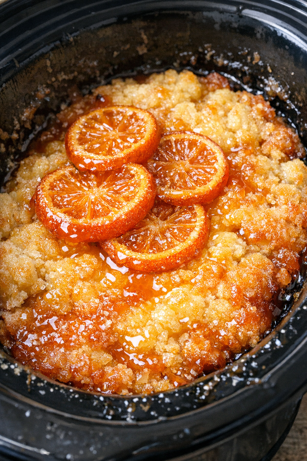 Slow cooker Aperol spritz dump cake in a black slow cooker