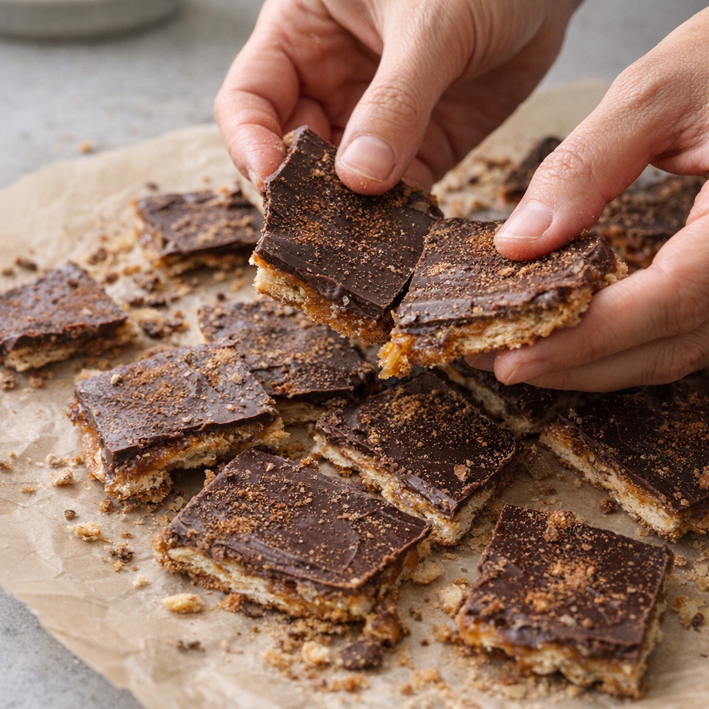 Chocolate toffee slab being broken into rustic pieces