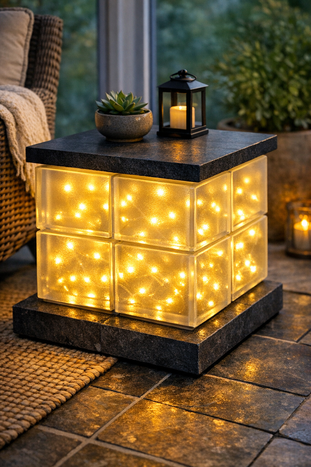 Finished glowing glass block side table on a slate base