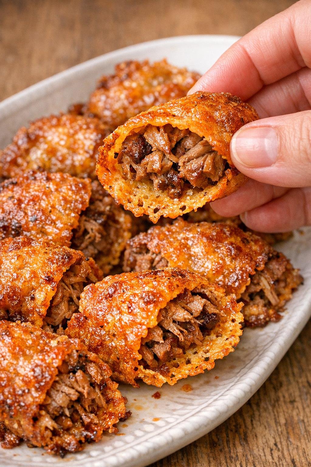 Low carb pulled pork crisps on a ceramic platter