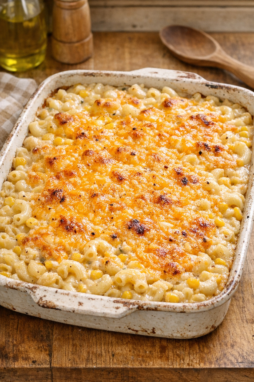 Finished baked corn chowder macaroni in a rustic baking dish
