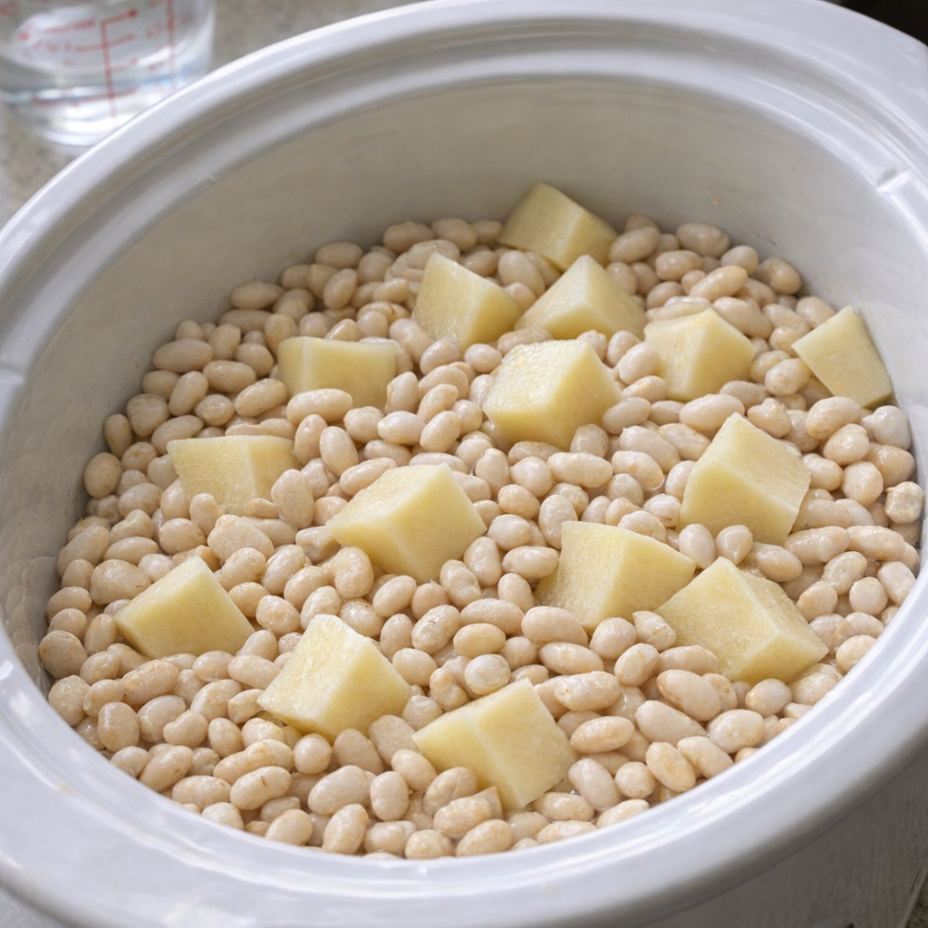 Slow cooker filled with raw navy beans and potatoes