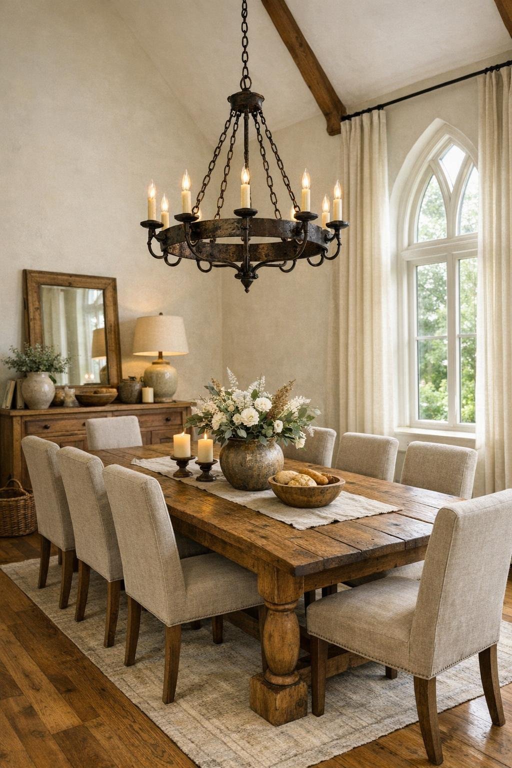 Dining room with a long oak farmhouse table, flax upholstered chairs, and tall windows
