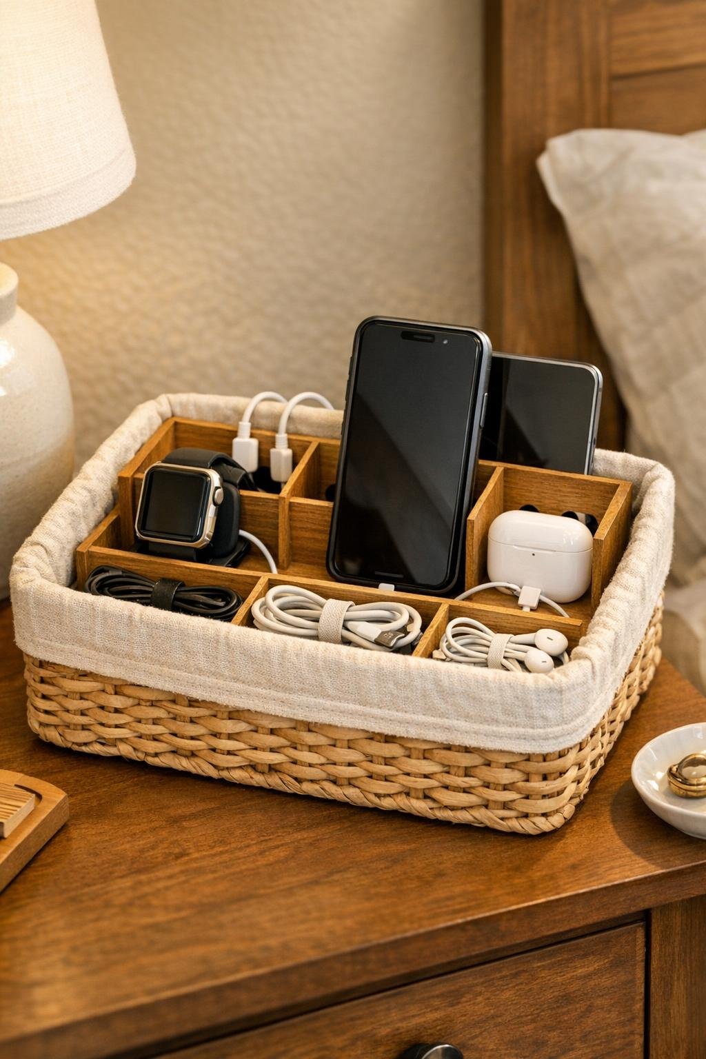 Finished DIY bedroom charging station made from a wooden letter sorter inside a fabric-lined basket