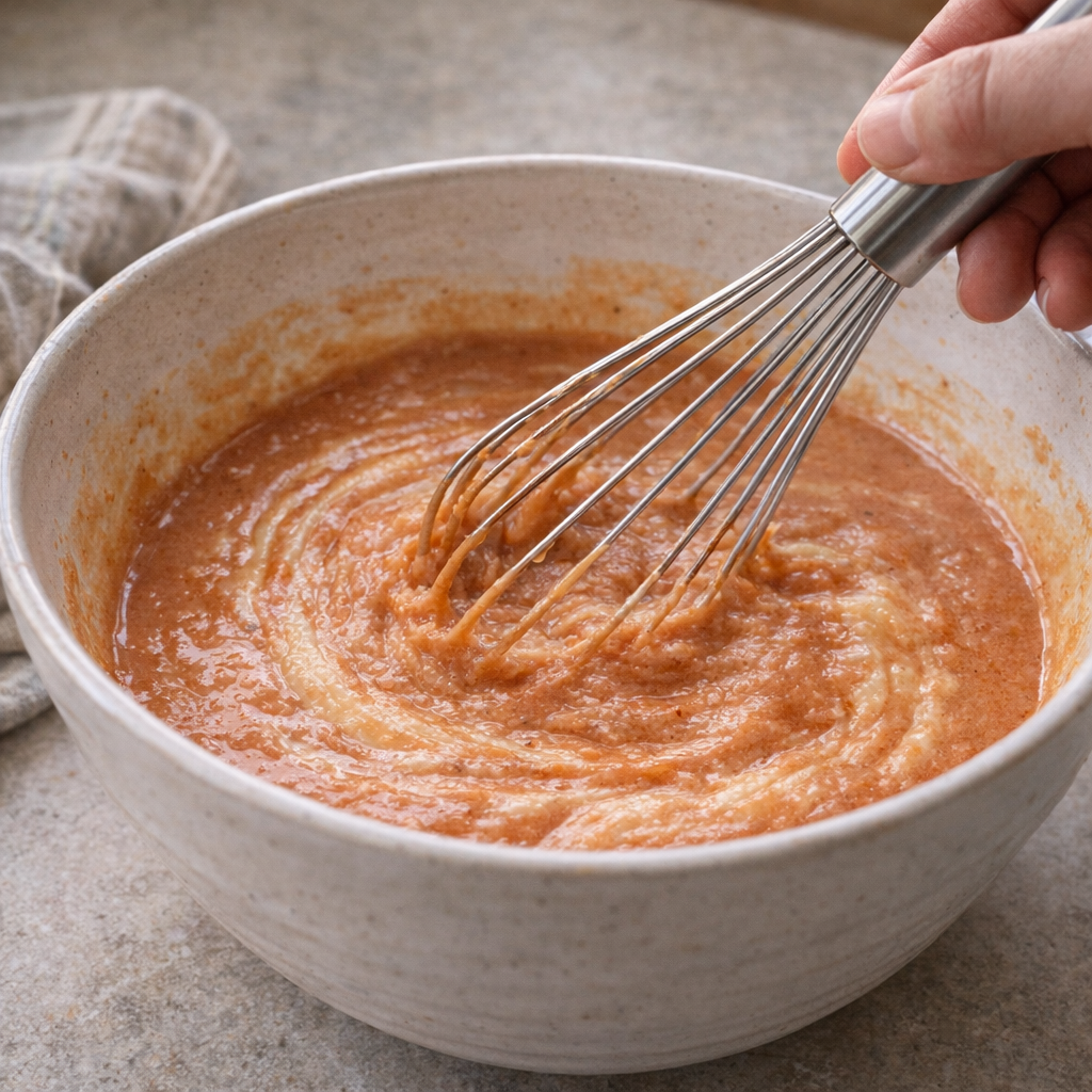Sauce being whisked in a mixing bowl