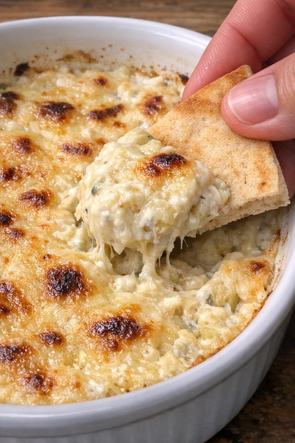 Close-up of creamy artichoke Prescott dip in a white casserole dish