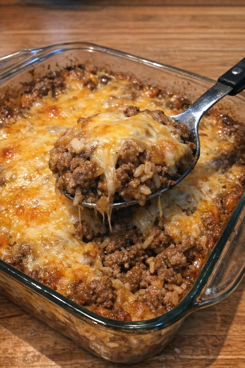 Savory beef casserole with melted cheese in a glass baking dish