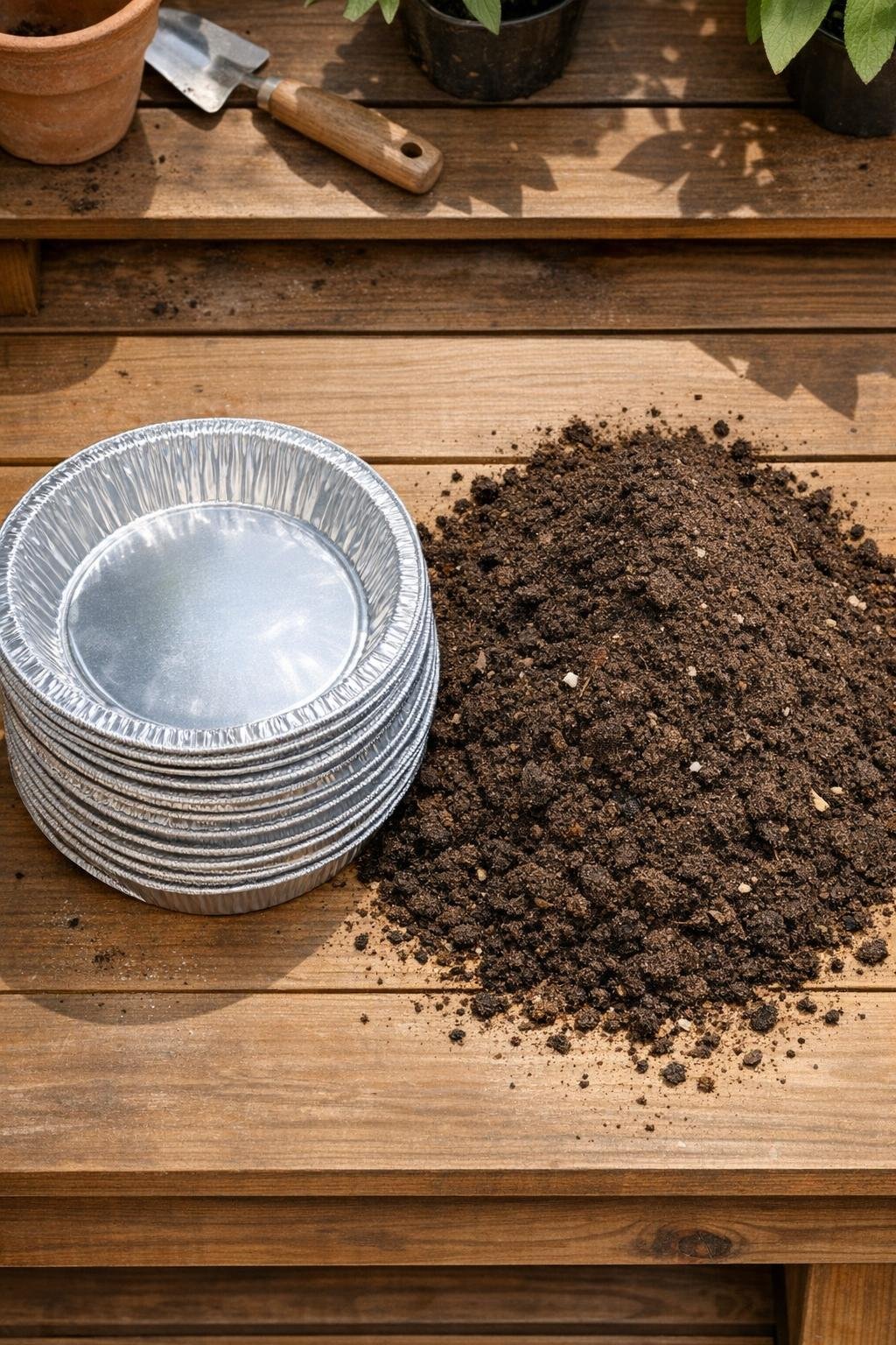 Aluminum pie tins and garden soil laid out on a potting bench