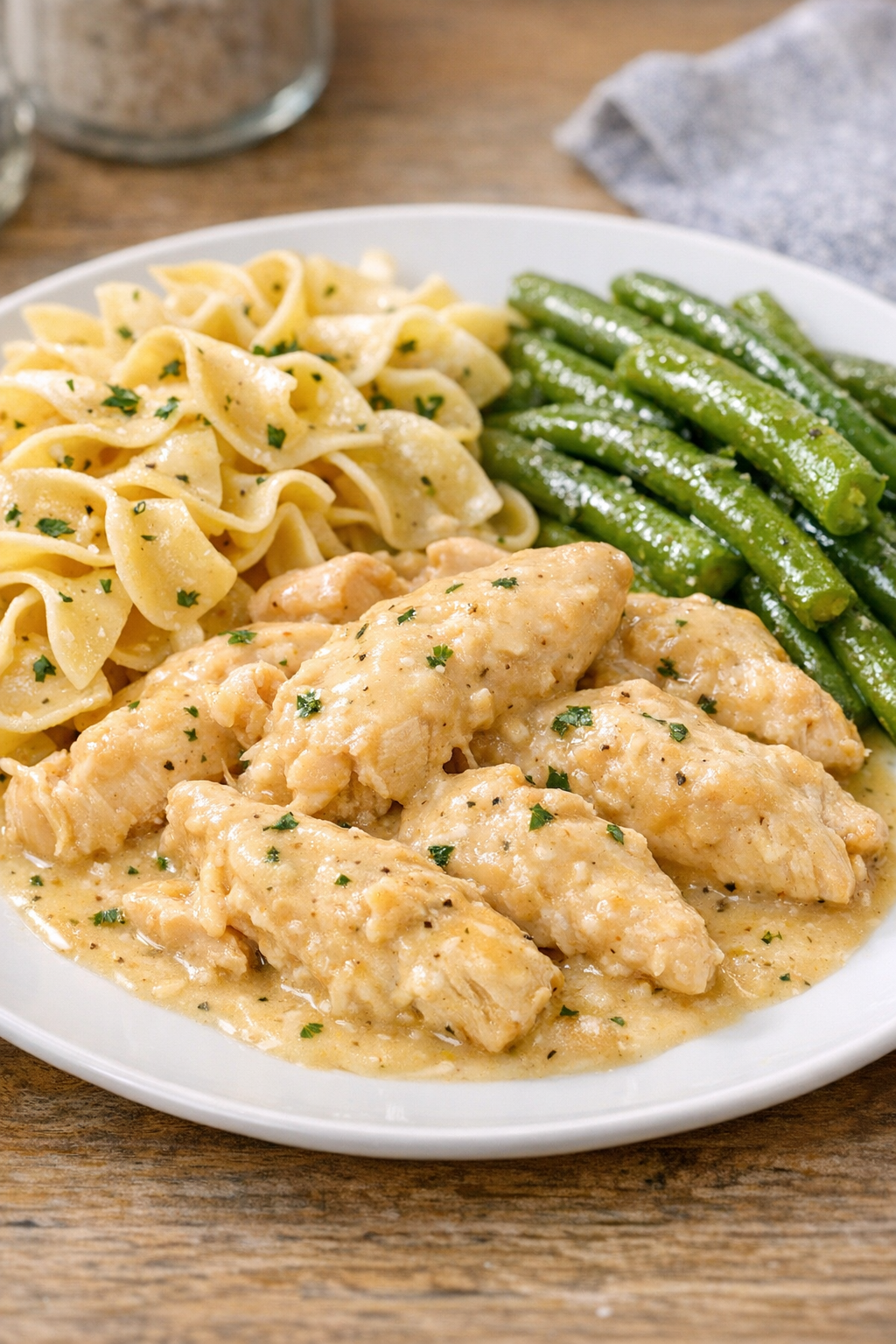 Finished creamy slow cooker chicken on a plate