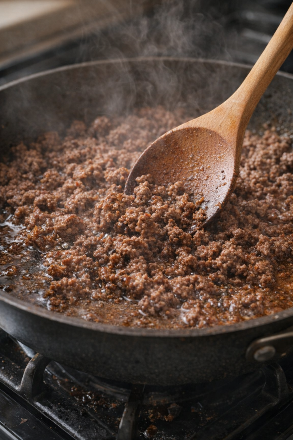 Ground beef browning in a skillet with a wooden spoon