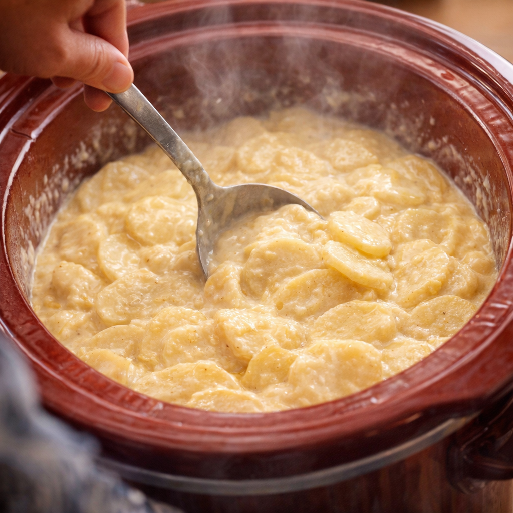 Cooked creamy potatoes being gently stirred in the slow cooker