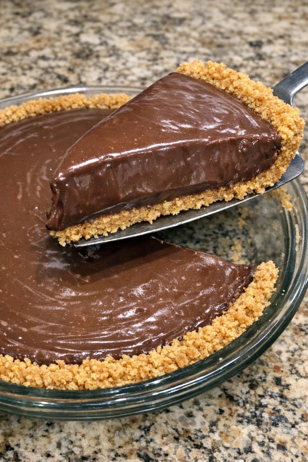 Chocolate cream pie with a slice lifted from the pan