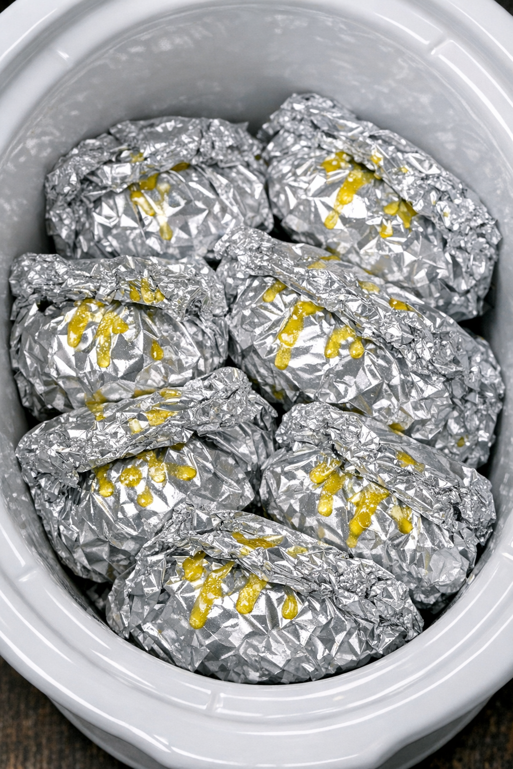 Slow cooker cheesy Hawaiian pasta packets in a white slow cooker