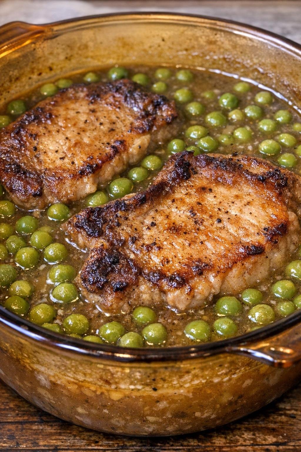 Golden browned pork chops with peas and gravy in a vintage amber casserole dish