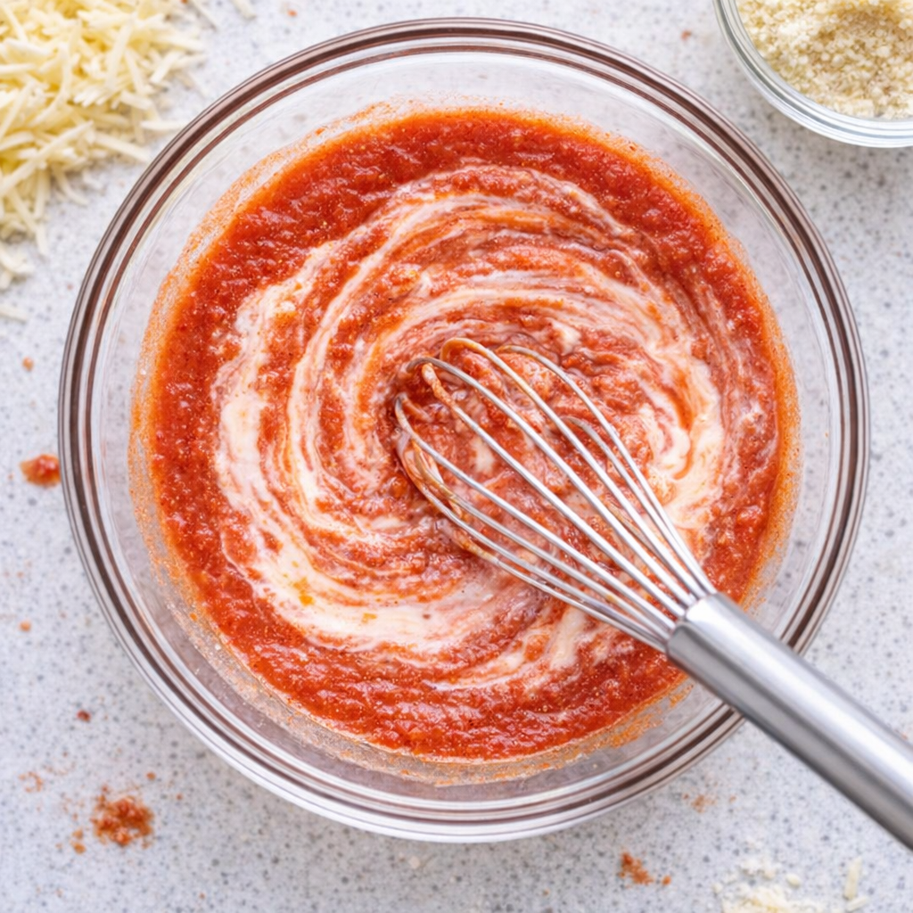 Creamy tomato sauce being whisked in a bowl