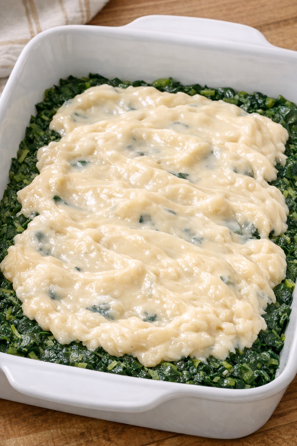 Spinach and cream soup layered in casserole dish