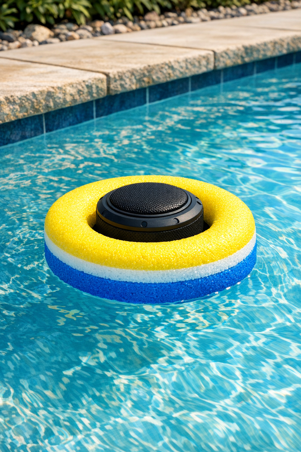 Finished floating pool speaker holder in a swimming pool