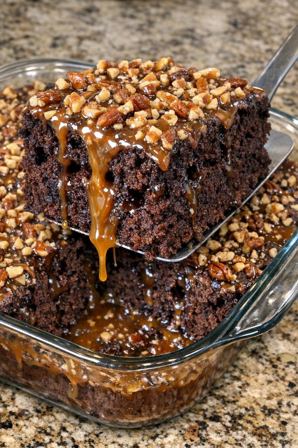 Chocolate poke cake with caramel and pecans in a glass baking dish
