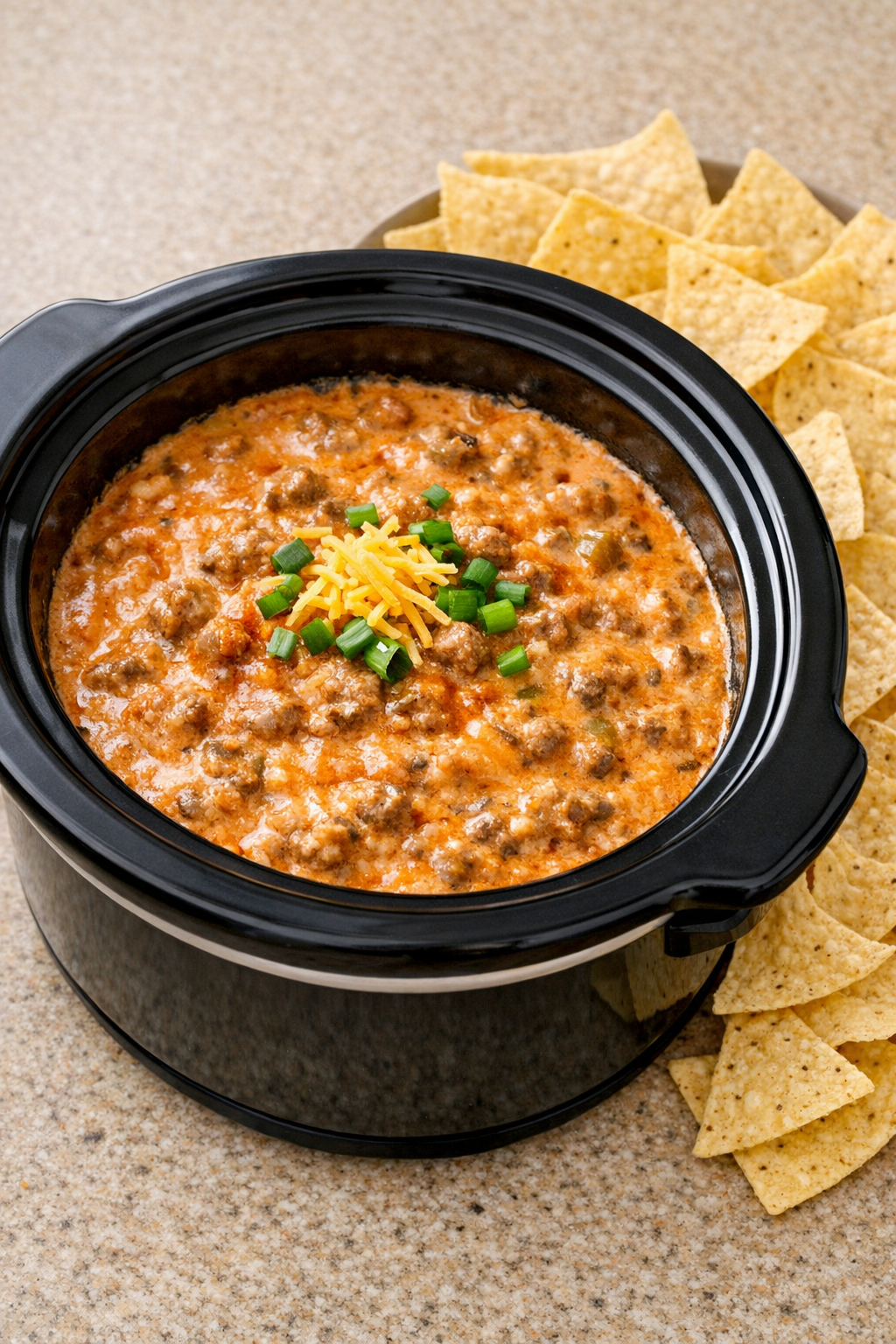 Finished enchilada beef dip in a slow cooker