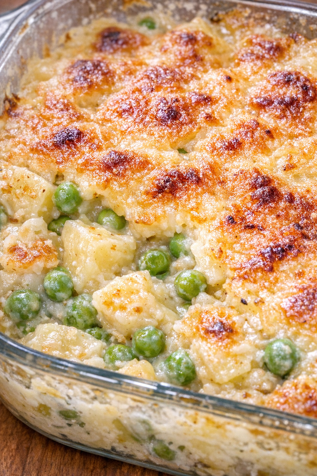 Creamy pea potato casserole with a golden browned top in a glass baking dish