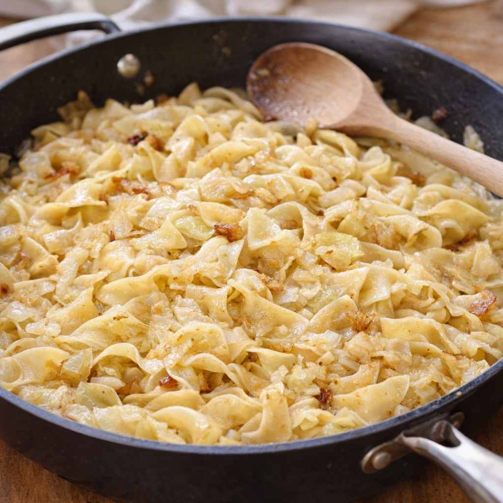 Butter-browned cabbage and egg noodles in a skillet