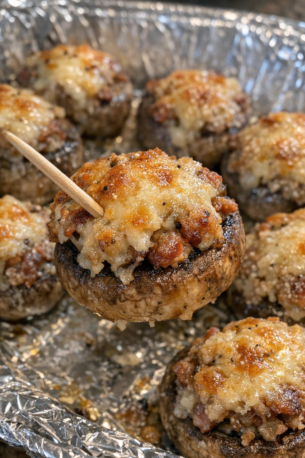 4-ingredient mushroom talmadge bites on a foil-lined platter