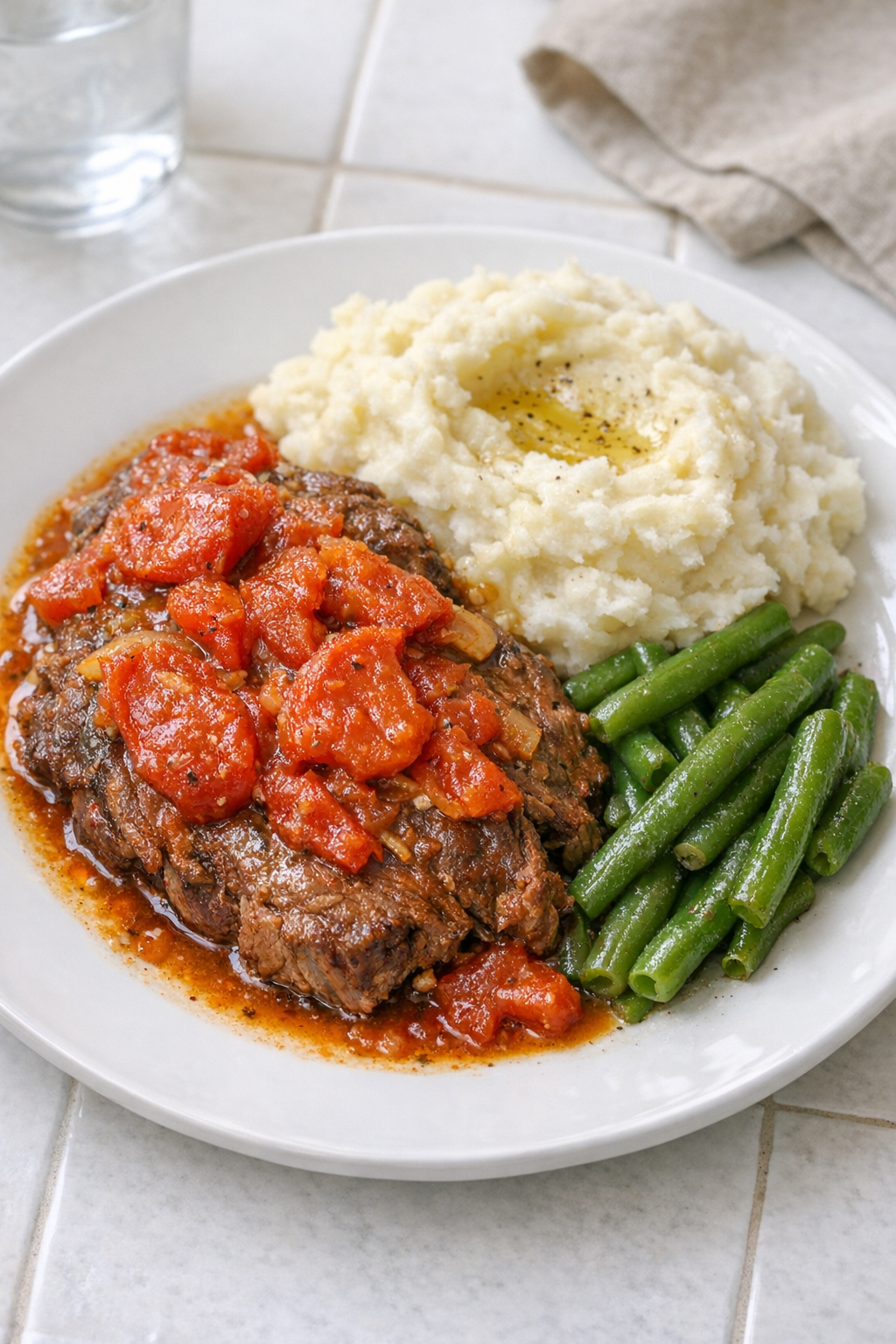 Finished Amish tomato beef plated with mashed potatoes