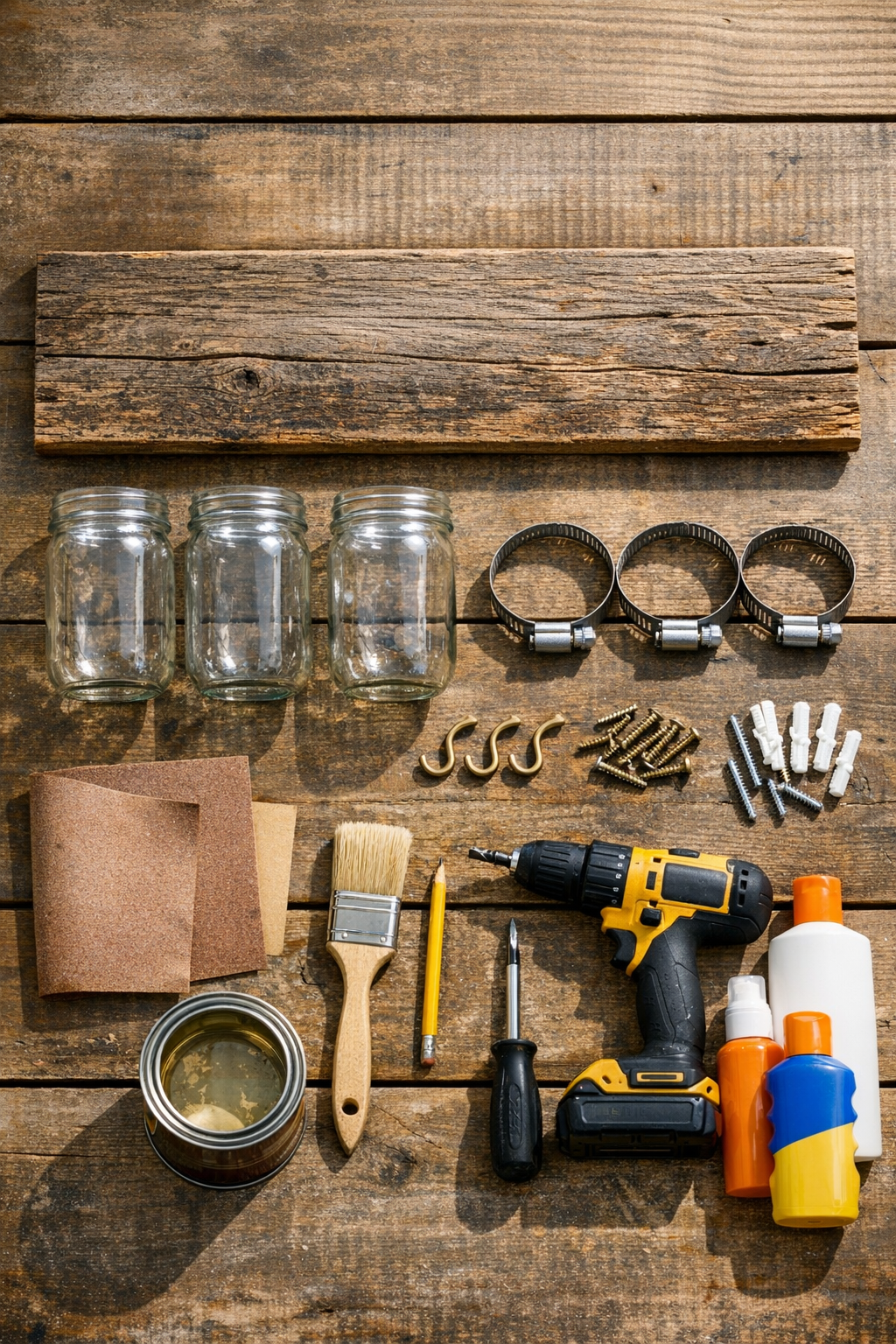 Materials for a rustic poolside sunscreen station laid out neatly