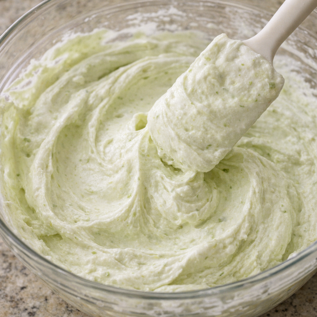 Pale green key lime filling being folded in a mixing bowl