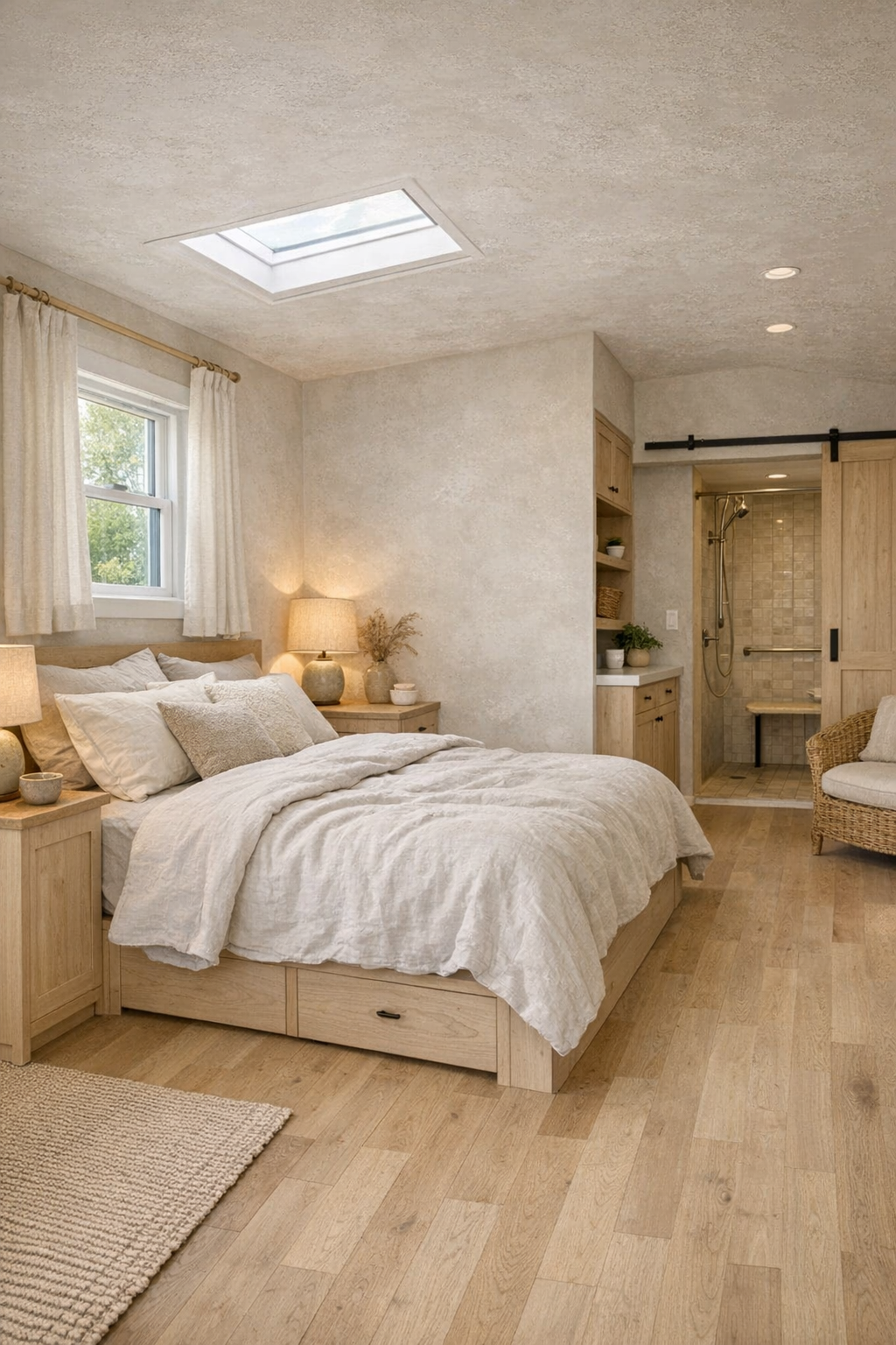 Serene linen bedroom with accessible layout, layered bedding, and pale wood accents