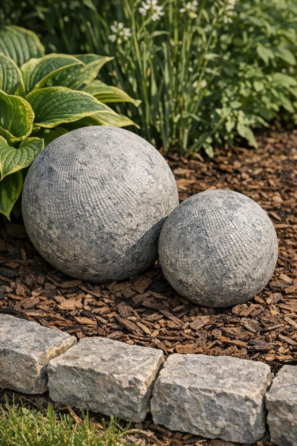 Finished decorative concrete garden spheres in a flower bed