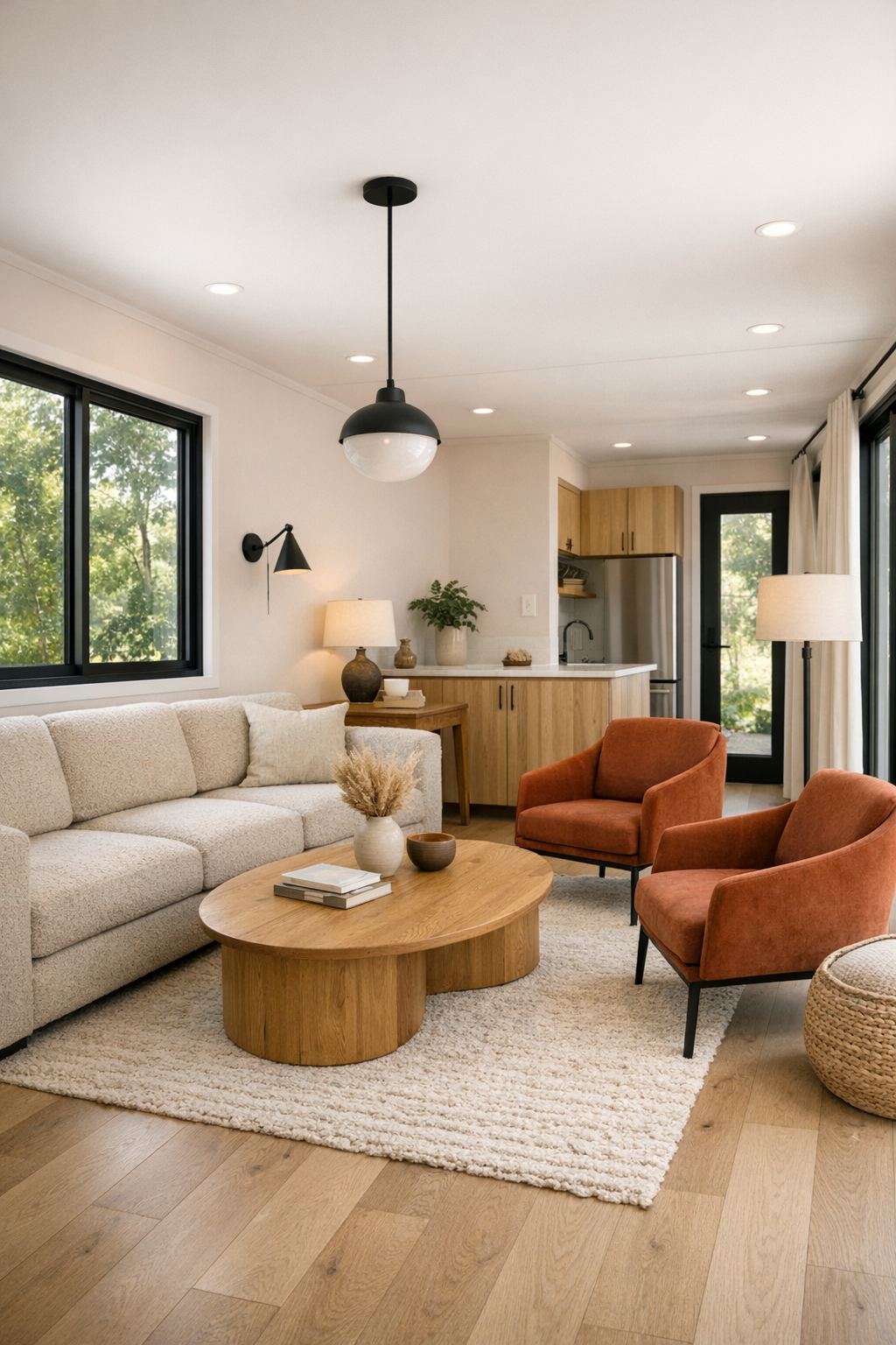Accessible modern living room with dusty rose accents, oatmeal boucle sofa, pale oak floors, and large black-framed windows