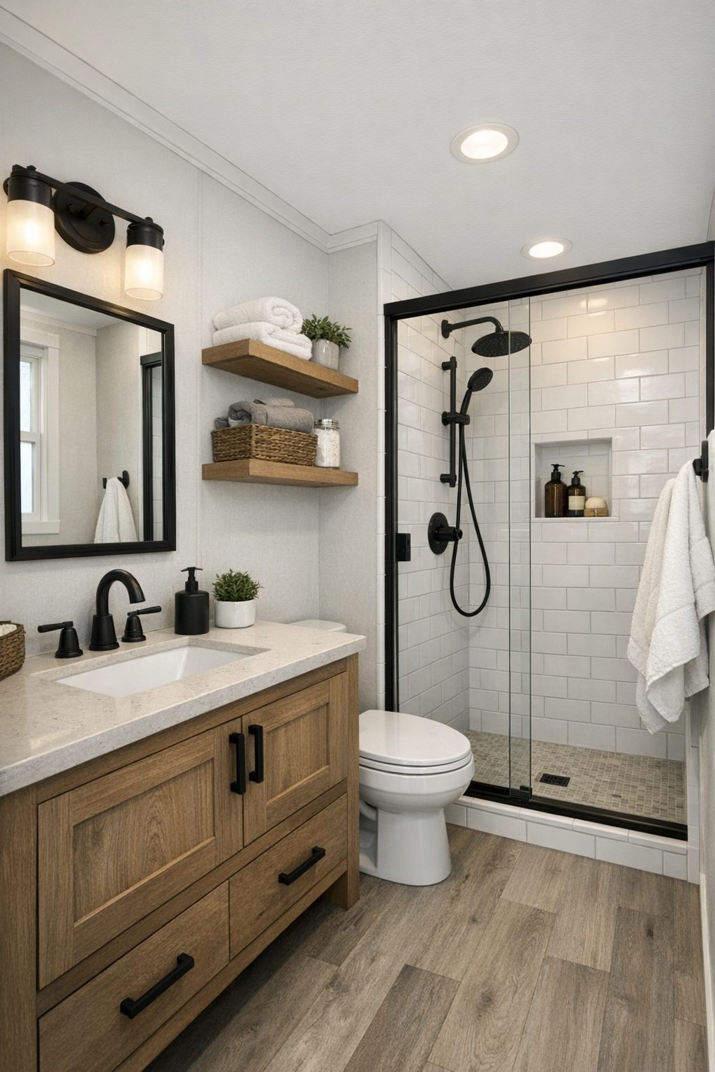 Clean modern bathroom with a gray vanity, black fixtures, and a bright tiled shower