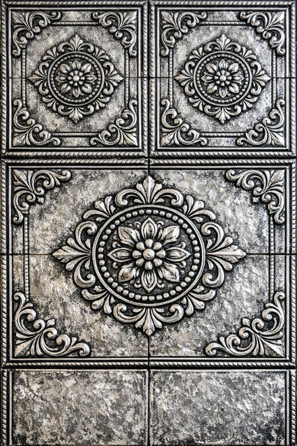 Finished faux antique tin ceiling tiles with embossed foil and dark antique detailing