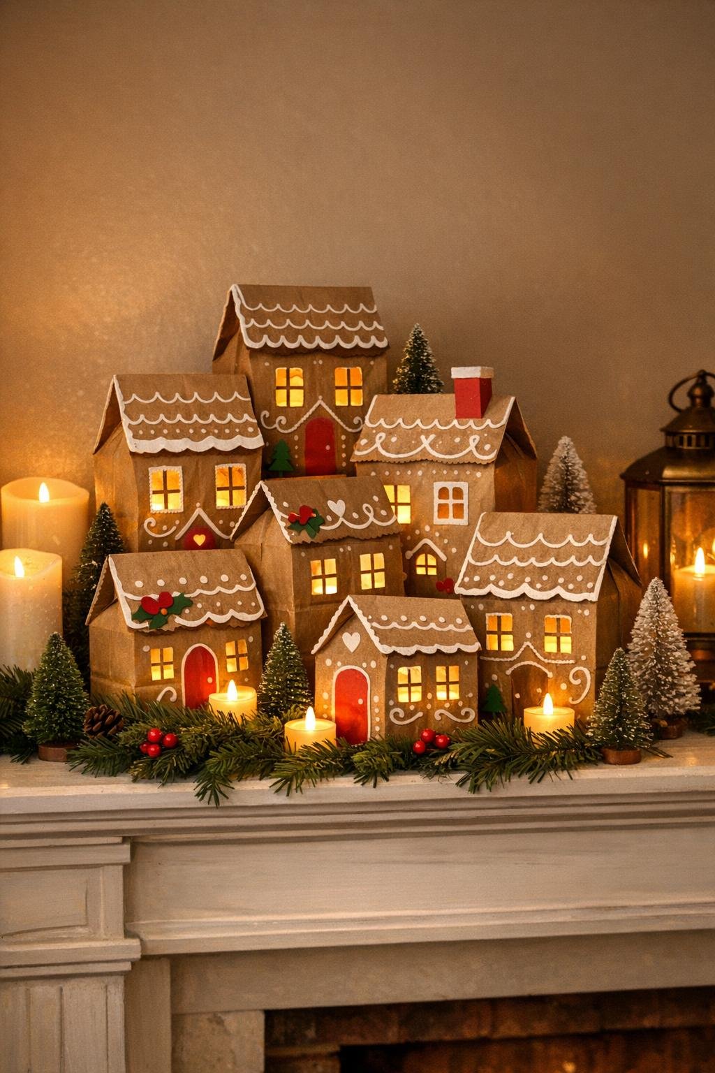 Finished paper bag gingerbread house village glowing on a holiday mantel