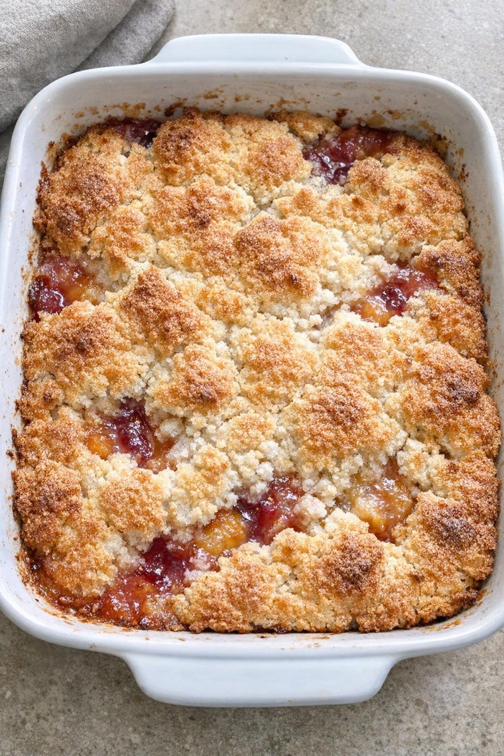 Baked angel food fruit dessert in a casserole dish
