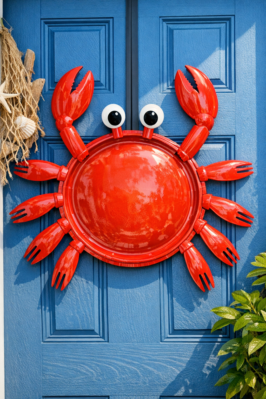 Finished red coastal crab front door hanger made from a serving tray and salad tongs