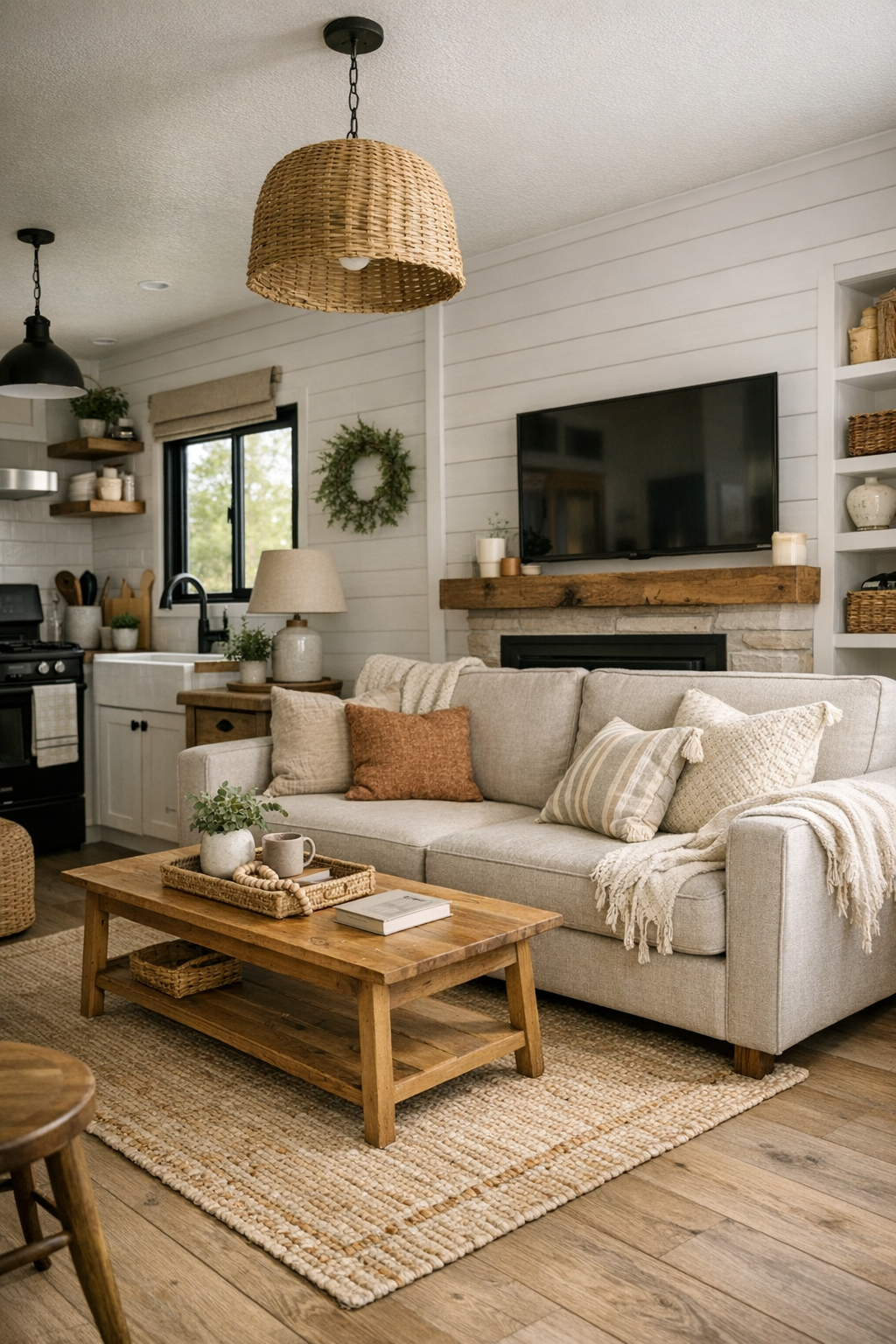 Bright farmhouse-style RV living room with ivory seating and pale wood floors