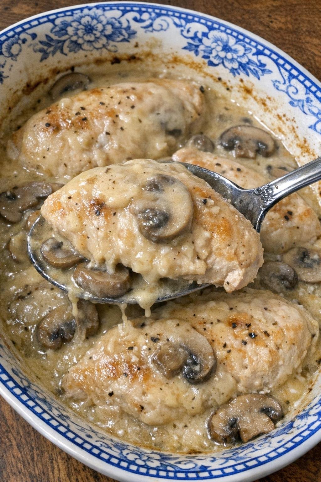 Elegant chicken breasts in creamy sherry sauce with mushrooms in a vintage casserole dish