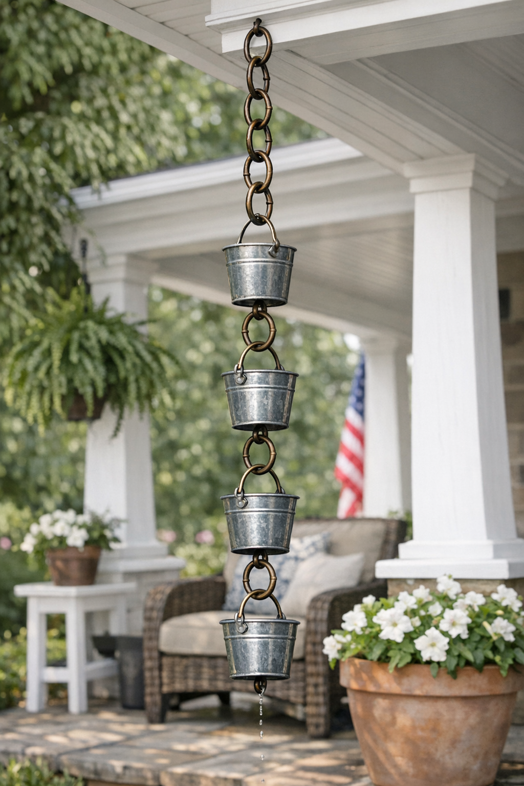 Finished faux iron patio rain chains with bronze rings and galvanized buckets hanging on a porch