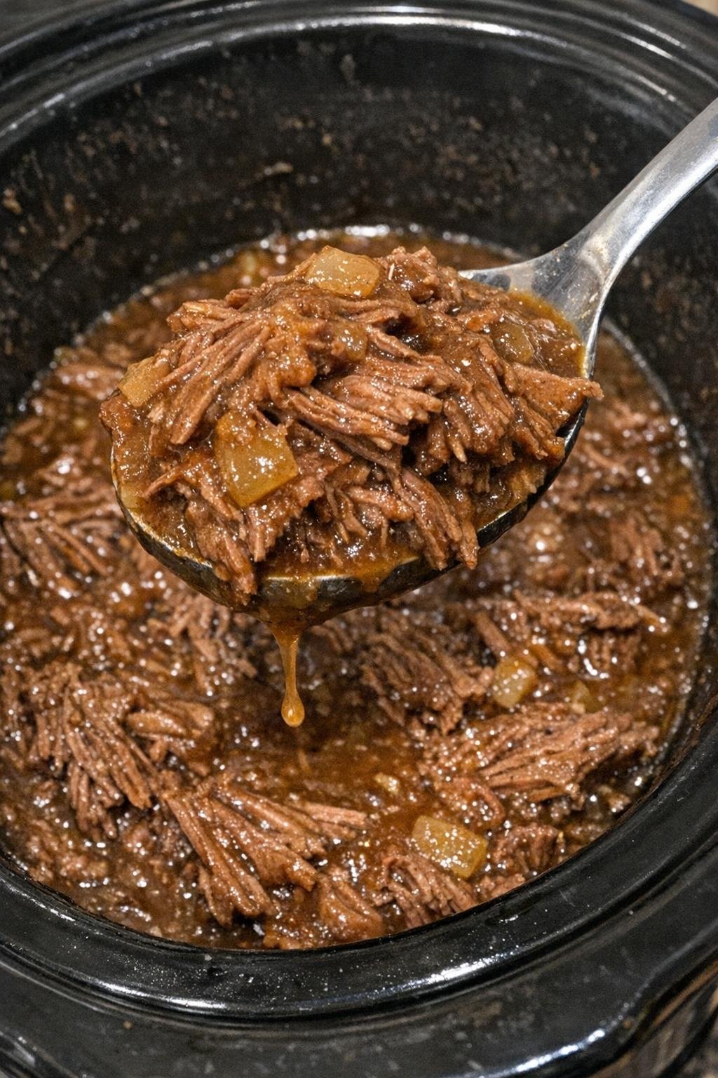Fork-tender shredded beef roast with gravy