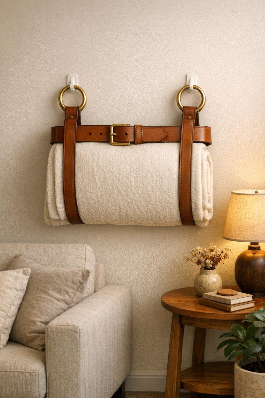 Finished leather belt and brass ring wall strap holding a throw blanket in a living room