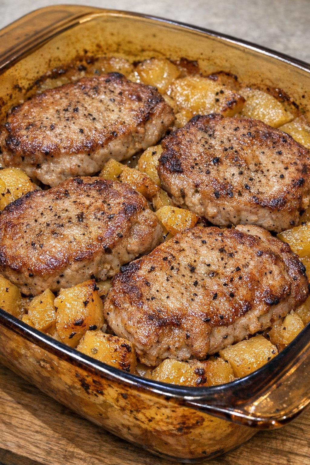 Finished pork and rutabaga casserole in amber Pyrex