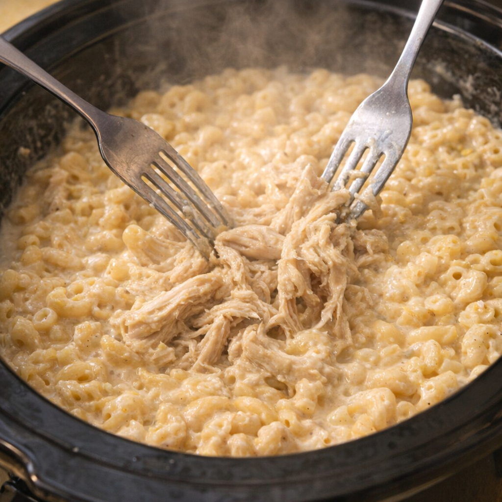 Shredding cooked chicken into creamy macaroni in the slow cooker
