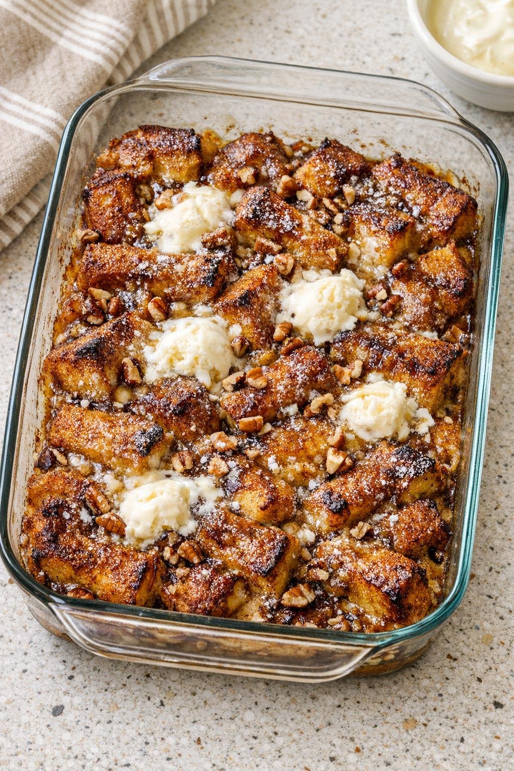 Baked French toast dessert in a glass baking dish